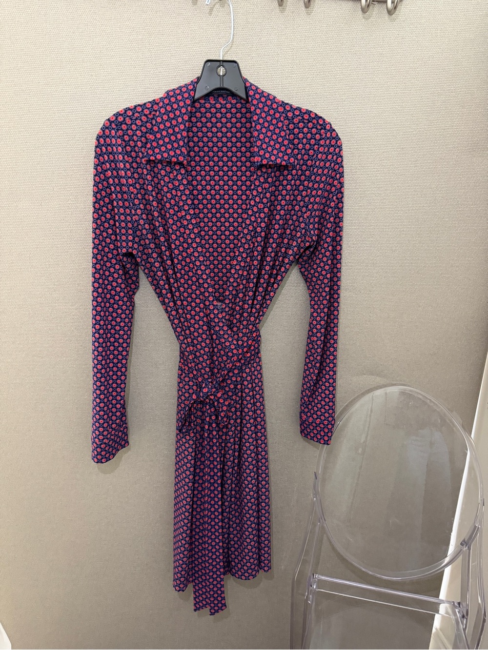 Tommy Hilfiger Navy and Red Printed Long Sleeve Wrap Dress